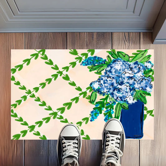 The Porch Baxter and Me Blue and White with Greenery Rug Floormat