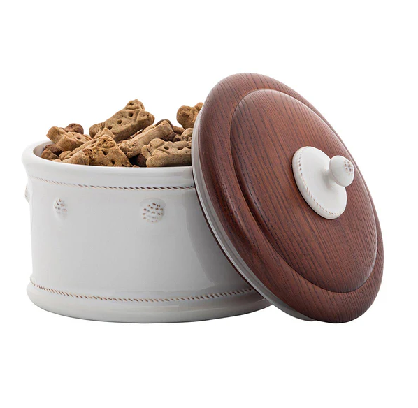 Juliska Berry & Thread Dog Treat Canister with Wooden Lid- Whitewash