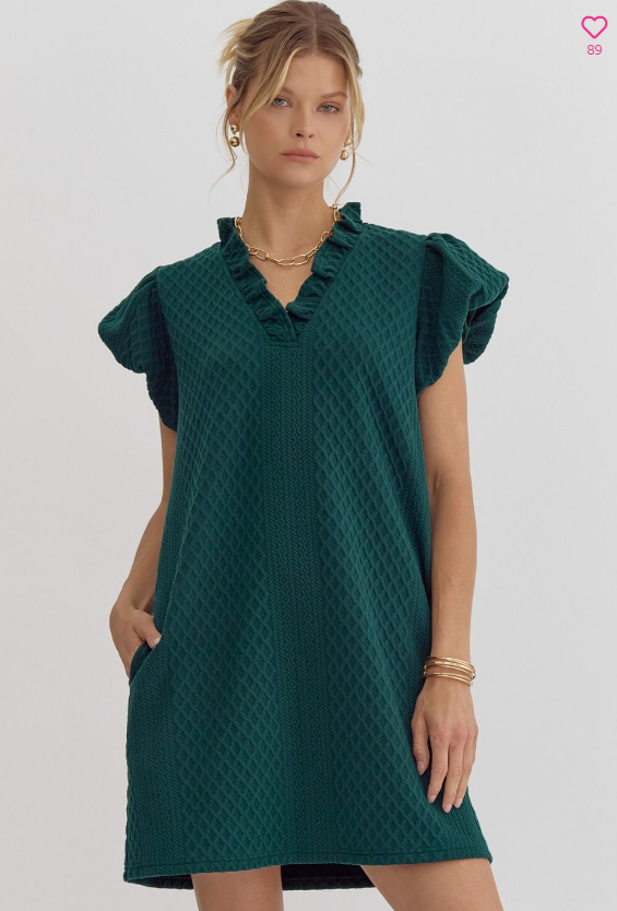 Forest Embrace V-Neck Ruffle Sleeve Sweater Dress