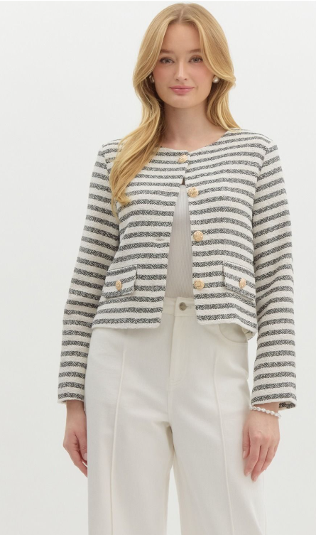 Striped Tweed Faux Pocket Jacket