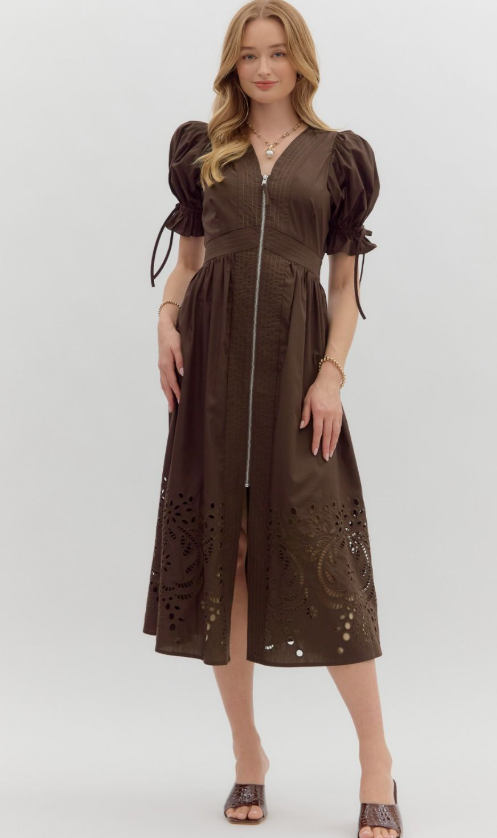 Entro Mocha Eyelet Midi Dress