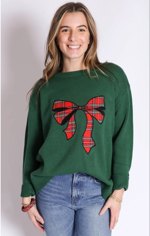 Top It Off Pippa Sweater Green with Tartan Plaid Bow