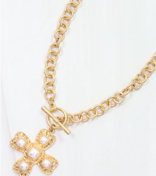 Caroline Hill Palazzo Pearl and Gold Cross Necklace Worn Gold