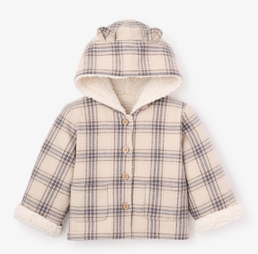 Elegant Baby Neutral Plaid Sherpa Lined Reversible Jacket