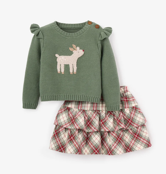 Elegant Baby Reindeer Sweater + Winter Tartan Skirt Set