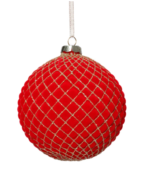 Zodax Red Flock w/ Gold Glass Ball Ornament 3.25"