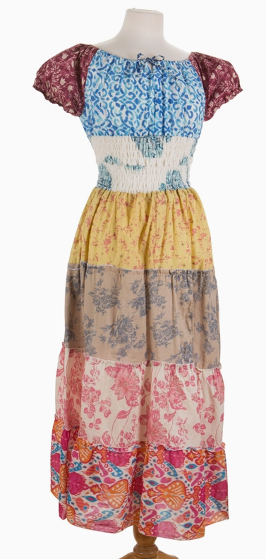 Long Patchwork Peasant Sleeve Dress