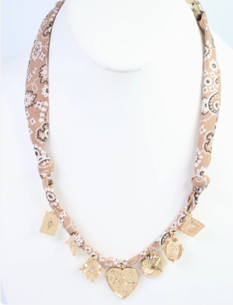 Caroline Hill Jess Multi Charm Scarf Necklace Khaki