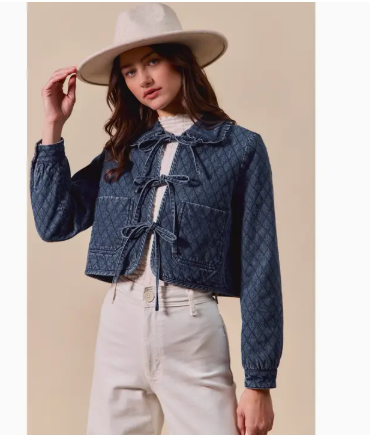 Collared Front Ribbon Long Sleeves Quilted Denim Jacket