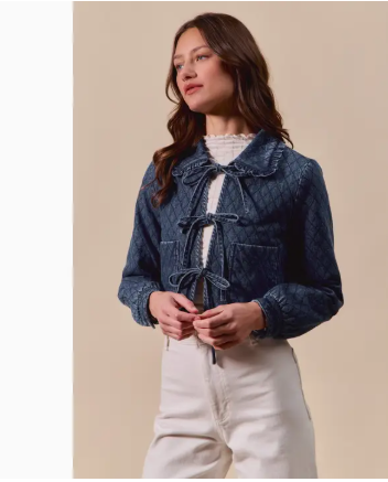 Collared Front Ribbon Long Sleeves Quilted Denim Jacket