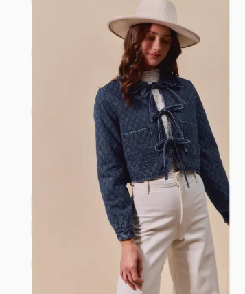 Collared Front Ribbon Long Sleeves Quilted Denim Jacket