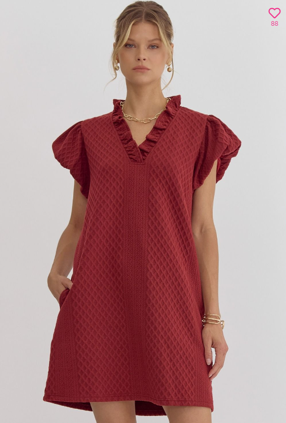 Autumn Ember V-Neck Ruffle Sleeve Sweater Dress