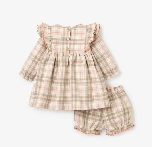 Elegant Baby Plaid Ruffle Shoulder Dress & Bloomer Set