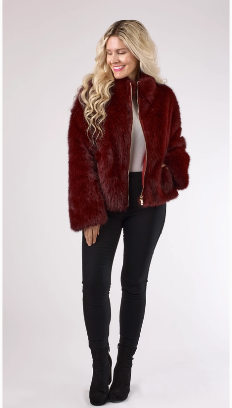 Dressy Fur with Zipper Burgundy Jacket