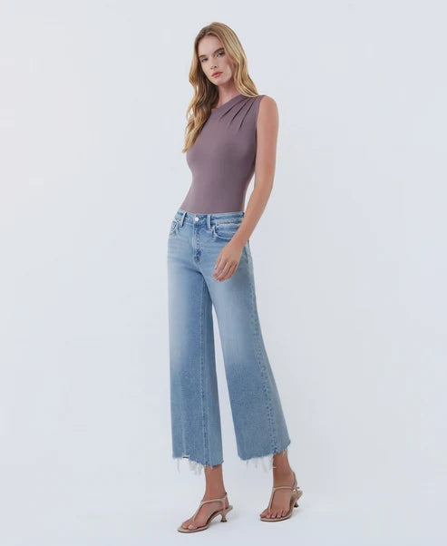 High Rise Distressed Hem Crop Wide Leg Jeans