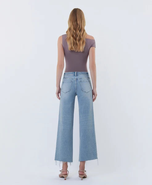 High Rise Distressed Hem Crop Wide Leg Jeans