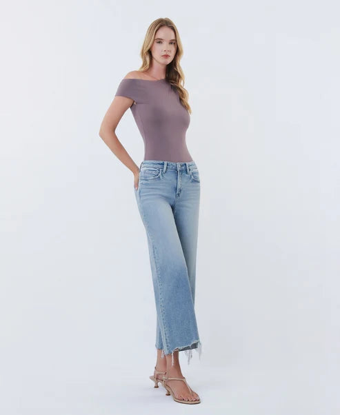 High Rise Distressed Hem Crop Wide Leg Jeans
