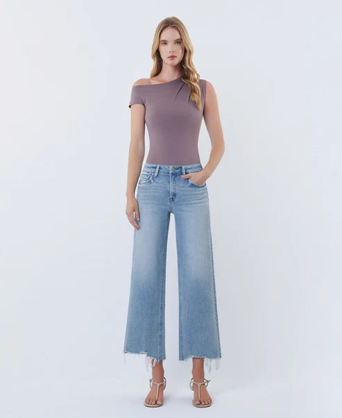 High Rise Distressed Hem Crop Wide Leg Jeans
