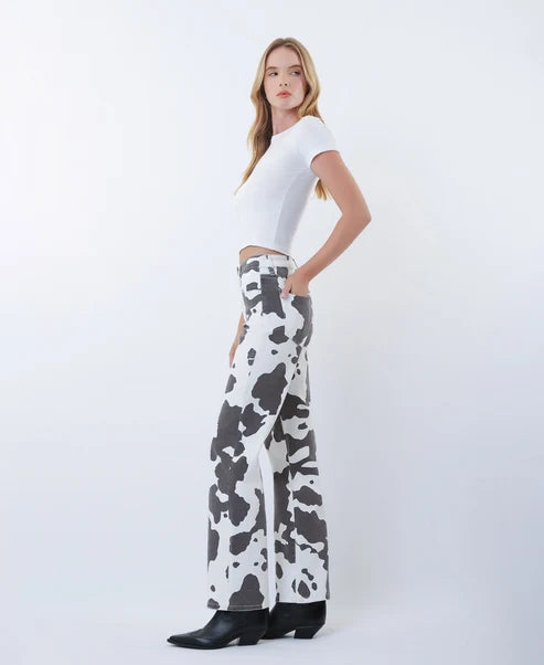 Cow Print High Rise Wide Denim Jeans