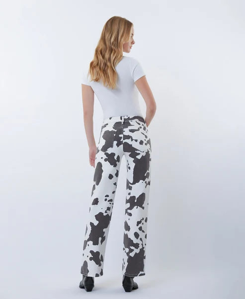 Cow Print High Rise Wide Denim Jeans