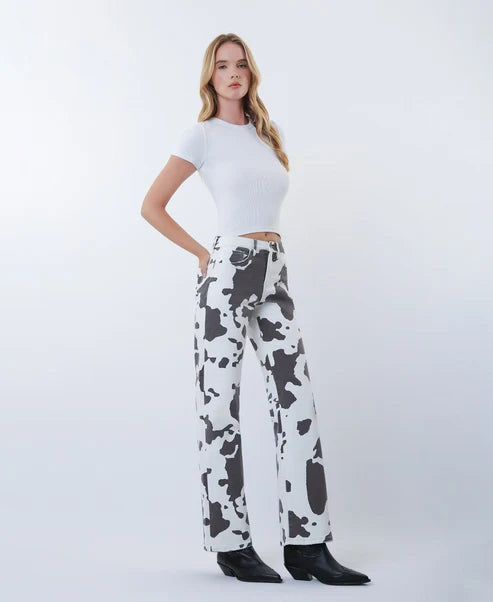 Cow Print High Rise Wide Denim Jeans