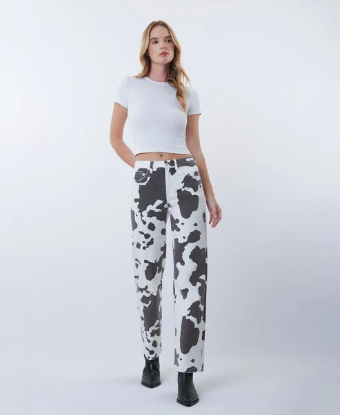 Cow Print High Rise Wide Denim Jeans