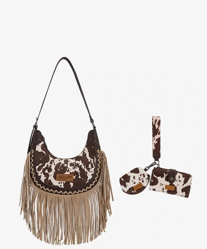 Wrangler Cow-Print Fringe Hobo Bag