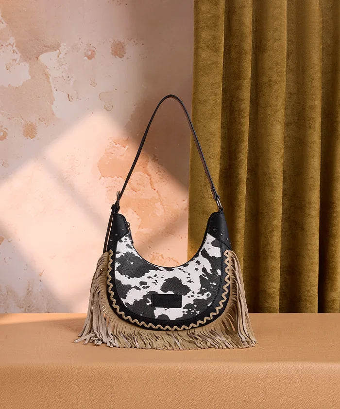 Wrangler Cow-Print Fringe Hobo Bag