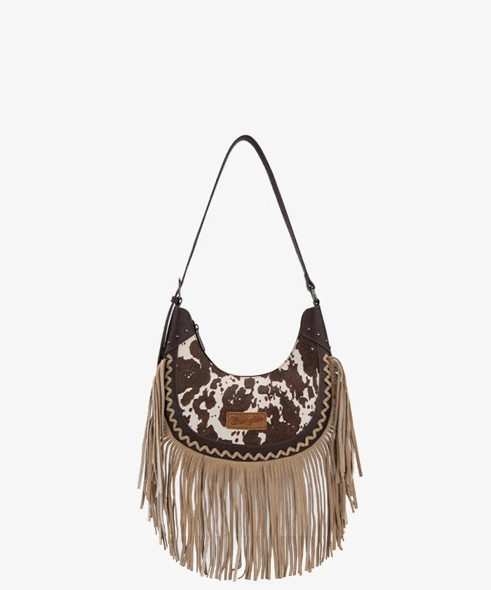 Wrangler Cow-Print Fringe Hobo Bag