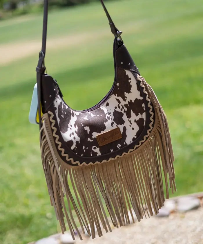 Wrangler Cow-Print Fringe Hobo Bag