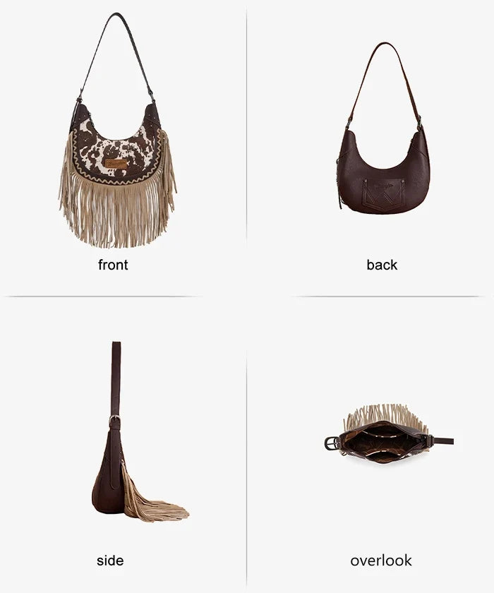 Wrangler Cow-Print Fringe Hobo Bag