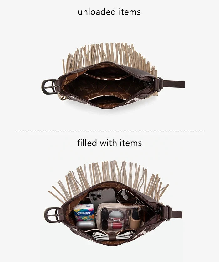 Wrangler Cow-Print Fringe Hobo Bag