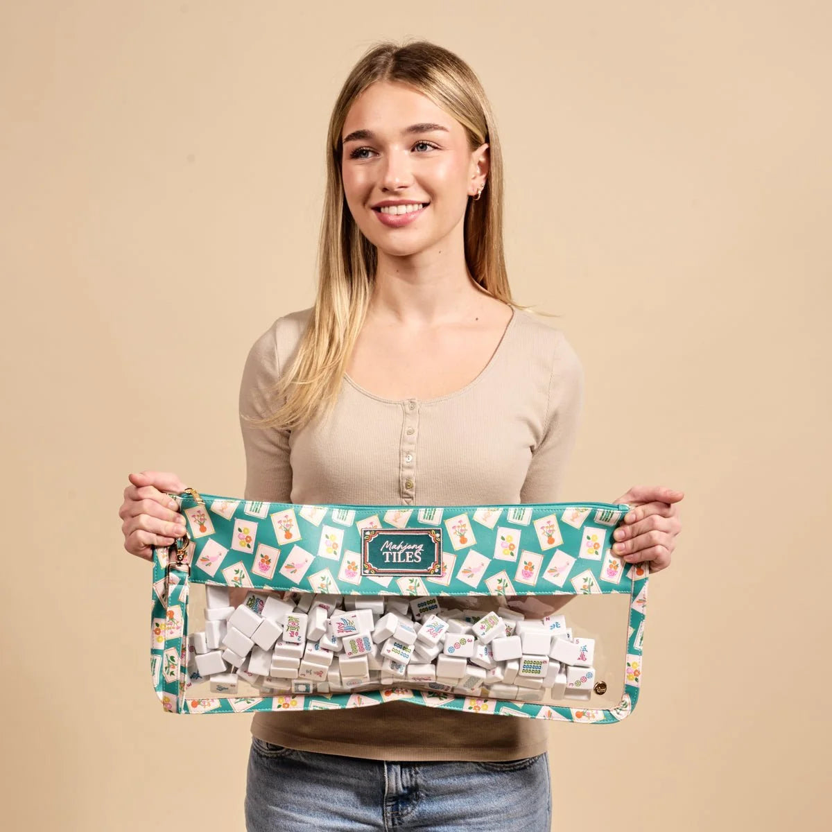 The Darling Effect Mahjong Tile Keeper Pouch- It's Mahj Time Teal