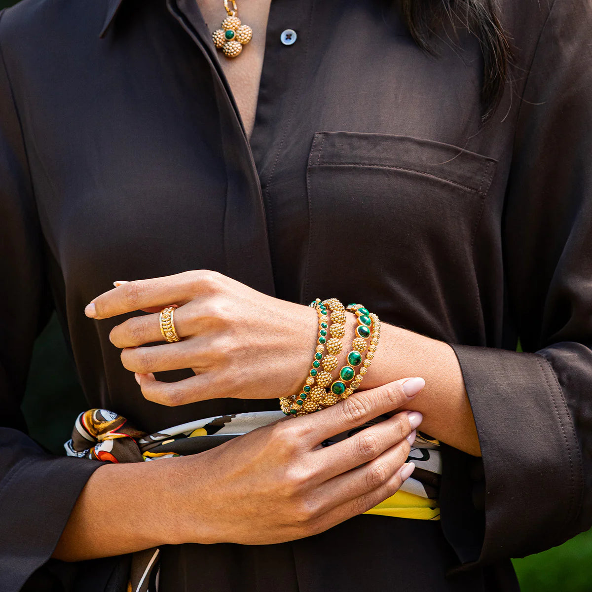 Capucine De Wulf Berry Gem Petite Hinged Bangle- Malachite