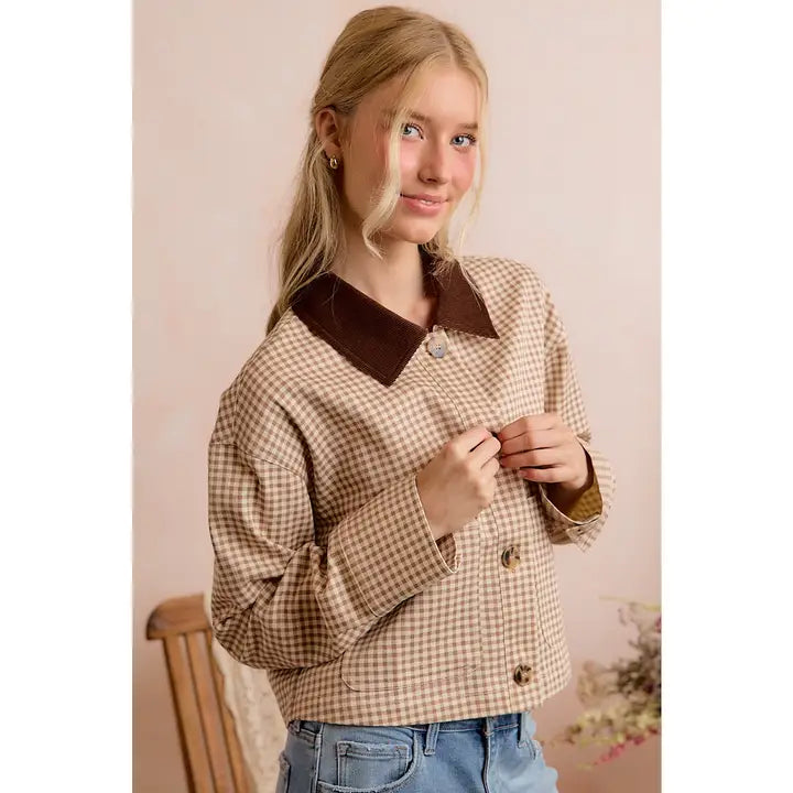 Gingham Check Print Corduroy Collar Jacket