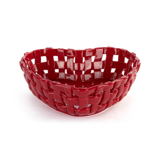 Demdaco Red Ceramic Heart Bread Basket With towel