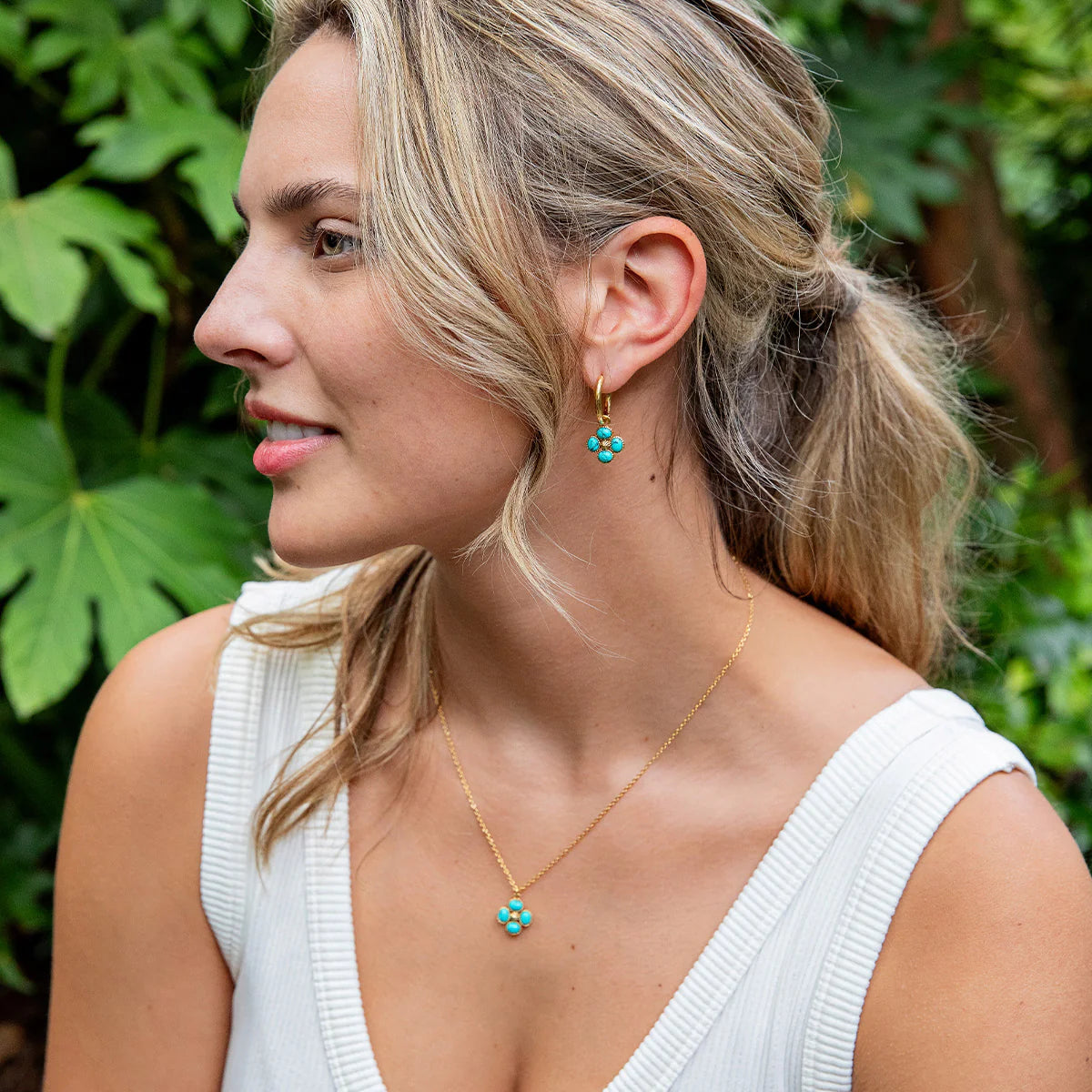 Capucine De Wulf Clover Hoop Earrings with Double Sided Charm - Turquoise