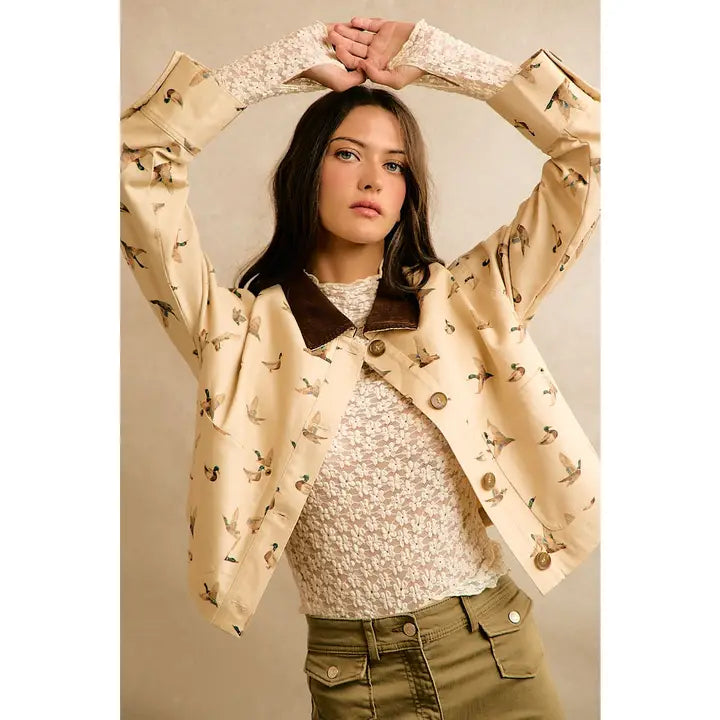Mallard Duck Print Corduroy Collar Jacket