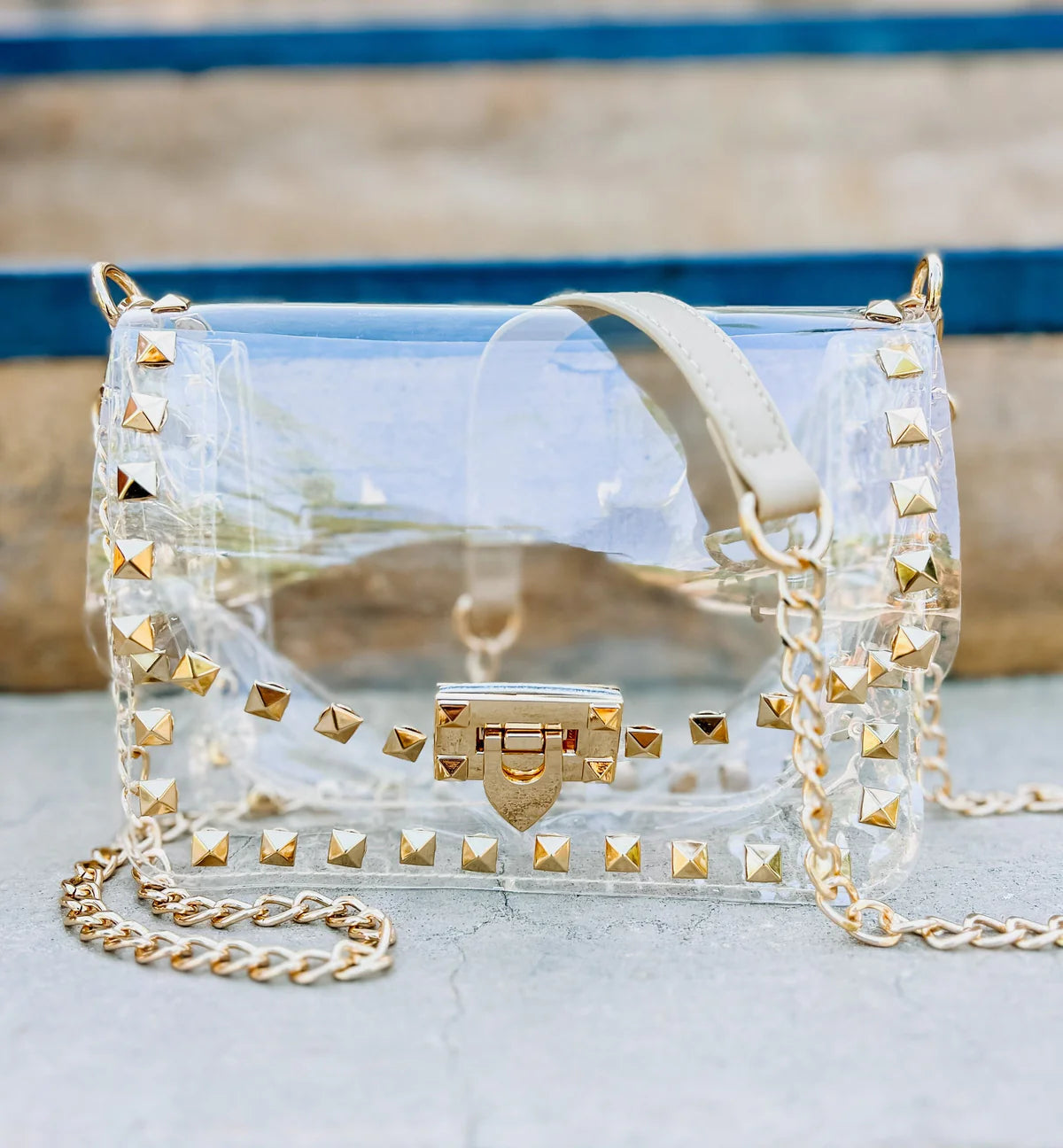 Caroline Hill Camila Clear Crossbody with Gold Studs