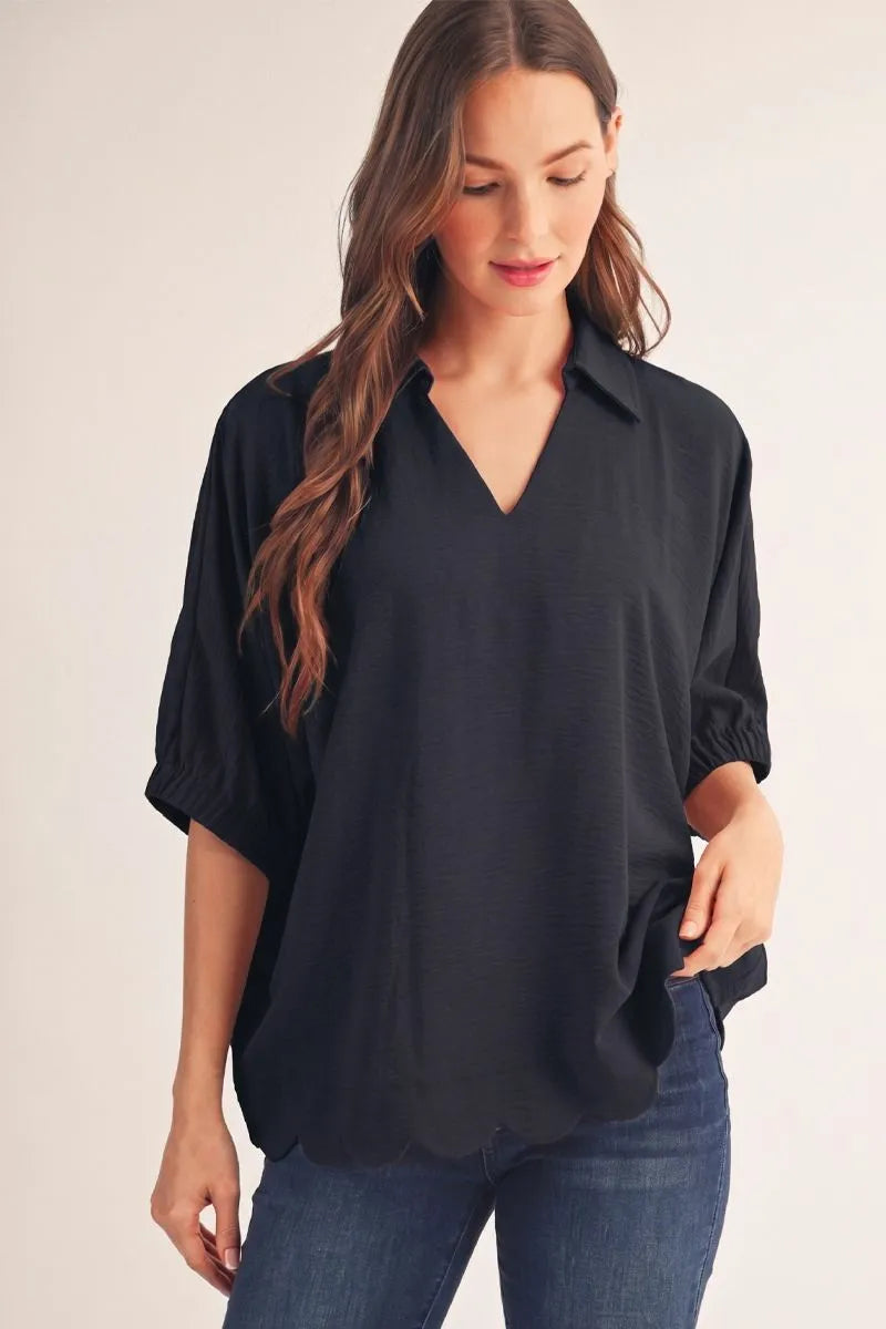 Midnight Scalloped Short Sleeve Top