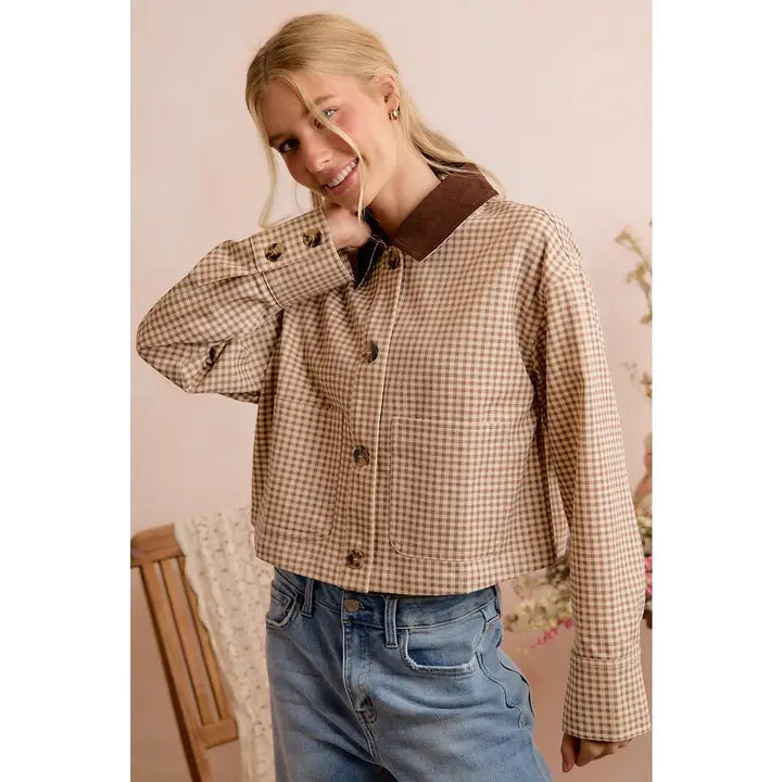 Gingham Check Print Corduroy Collar Jacket