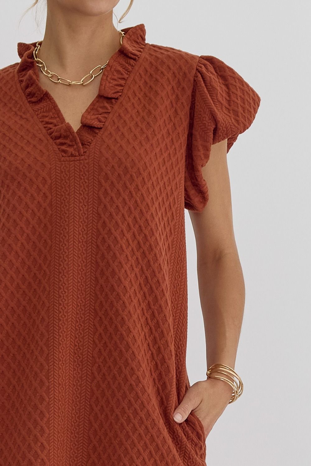 Autumn Ember V-Neck Ruffle Sleeve Sweater Dress