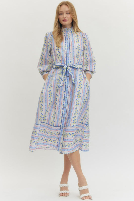 Stripe Summer 3/4 Sleeve Midi Dress