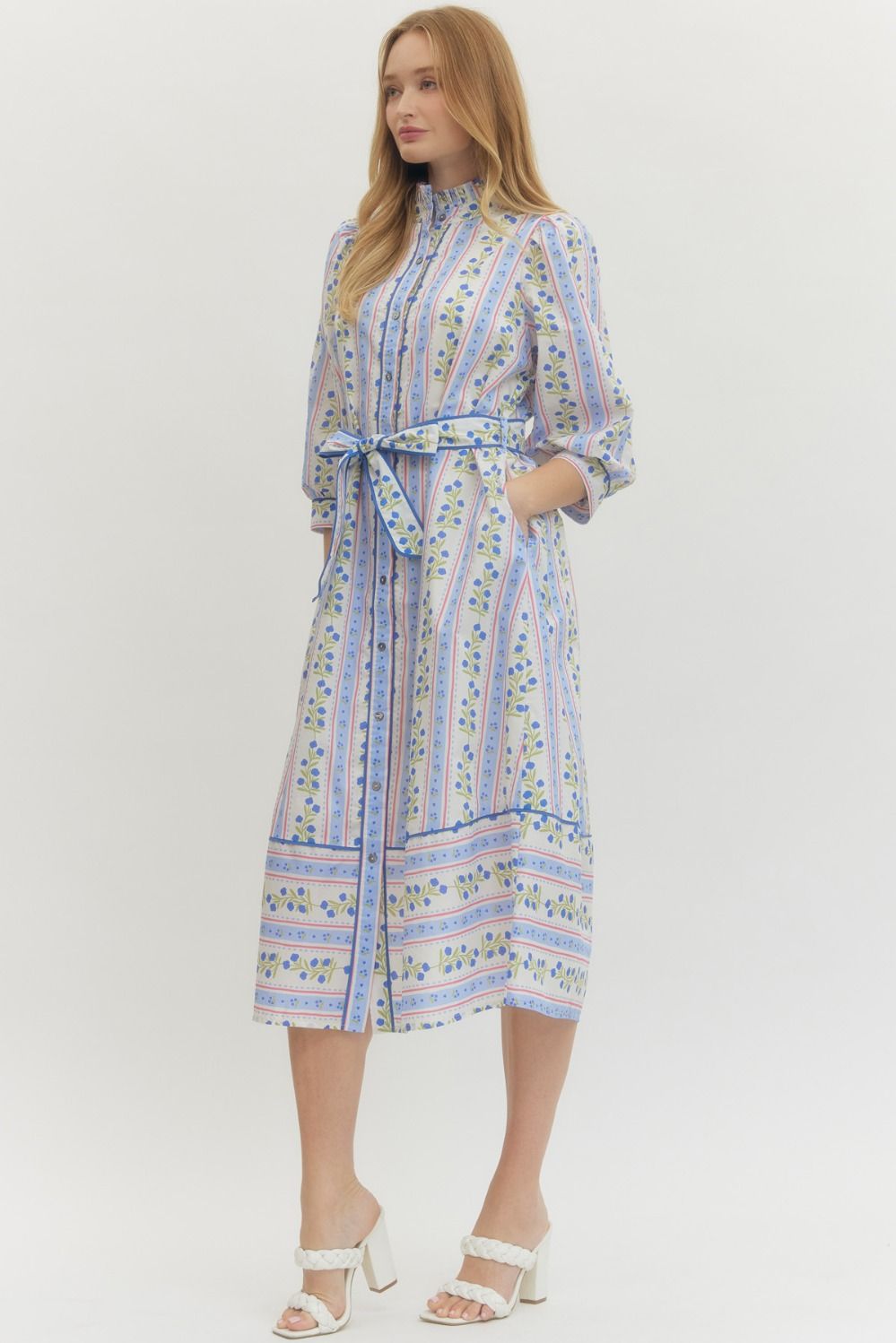 Stripe Summer 3/4 Sleeve Midi Dress