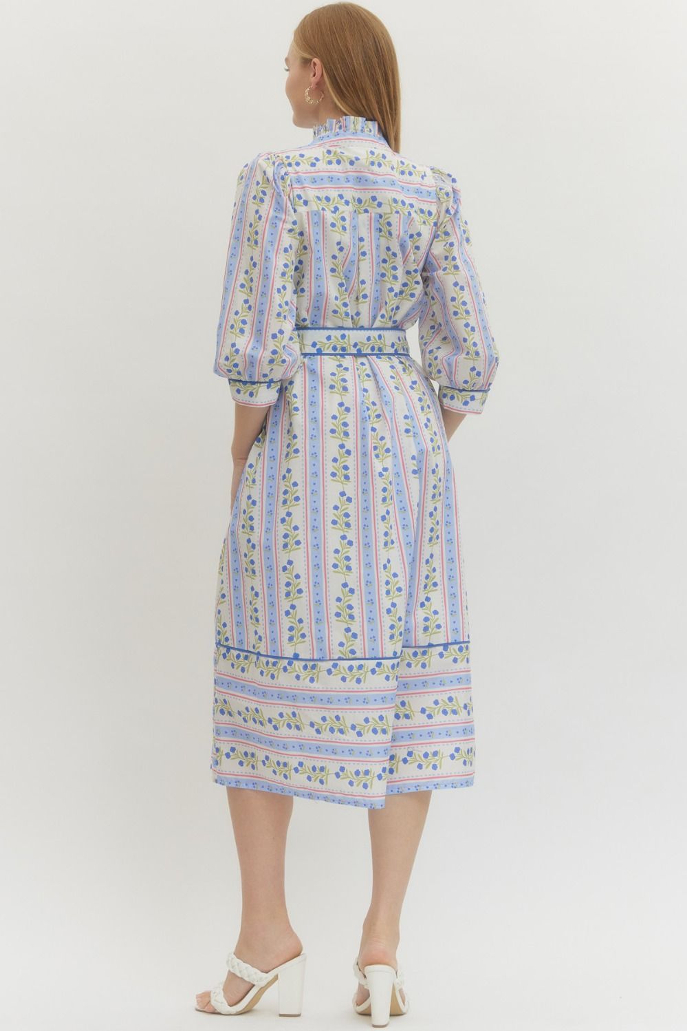 Stripe Summer 3/4 Sleeve Midi Dress