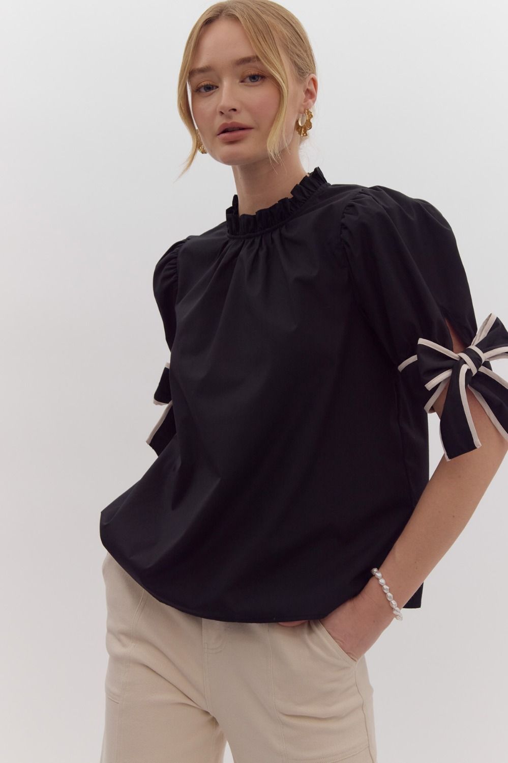 Mock Neck Bow Sleeve Top