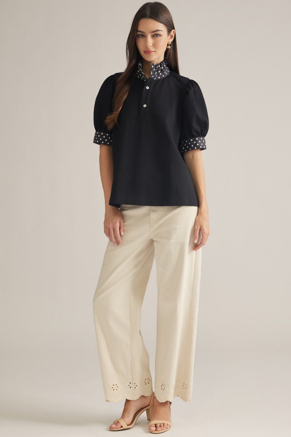 Clara Polka-Dot Trim Blouse