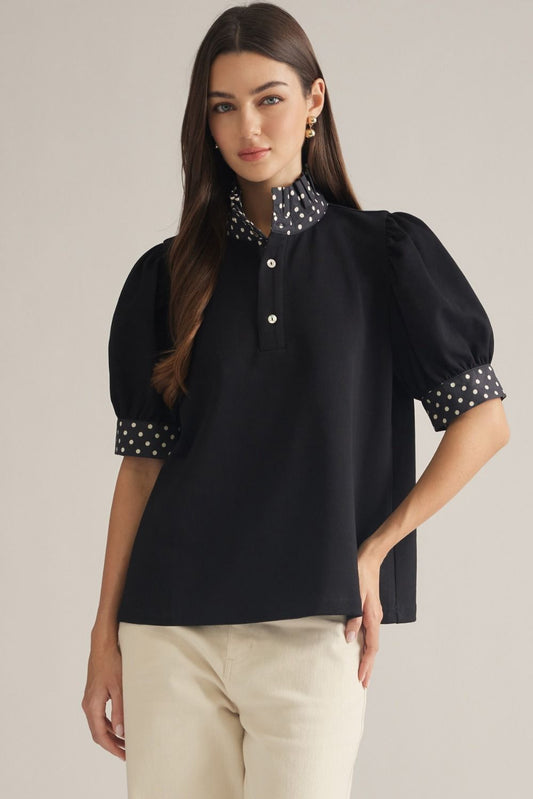 Clara Polka-Dot Trim Blouse