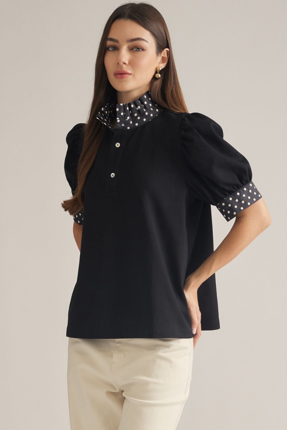 Clara Polka-Dot Trim Blouse