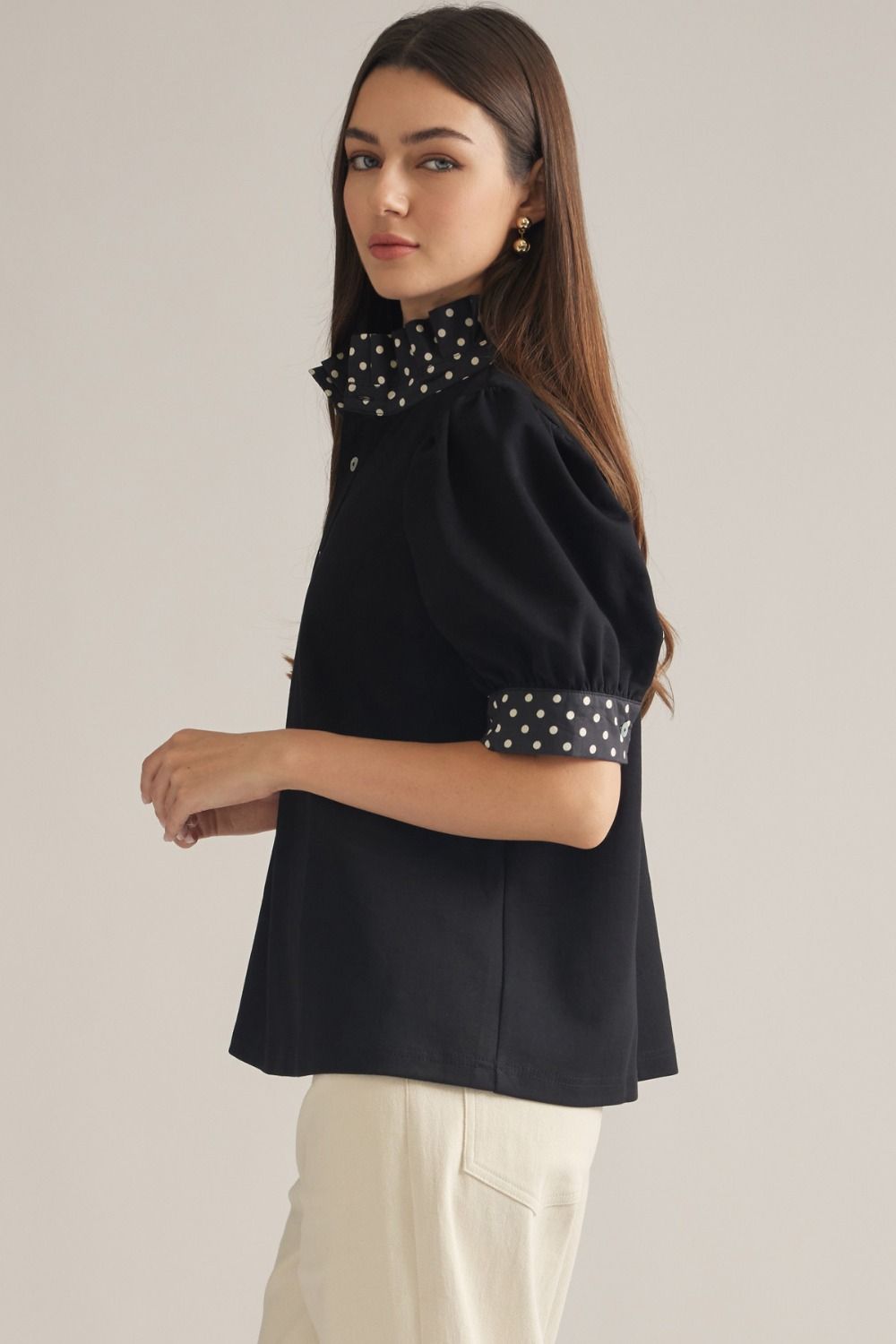 Clara Polka-Dot Trim Blouse